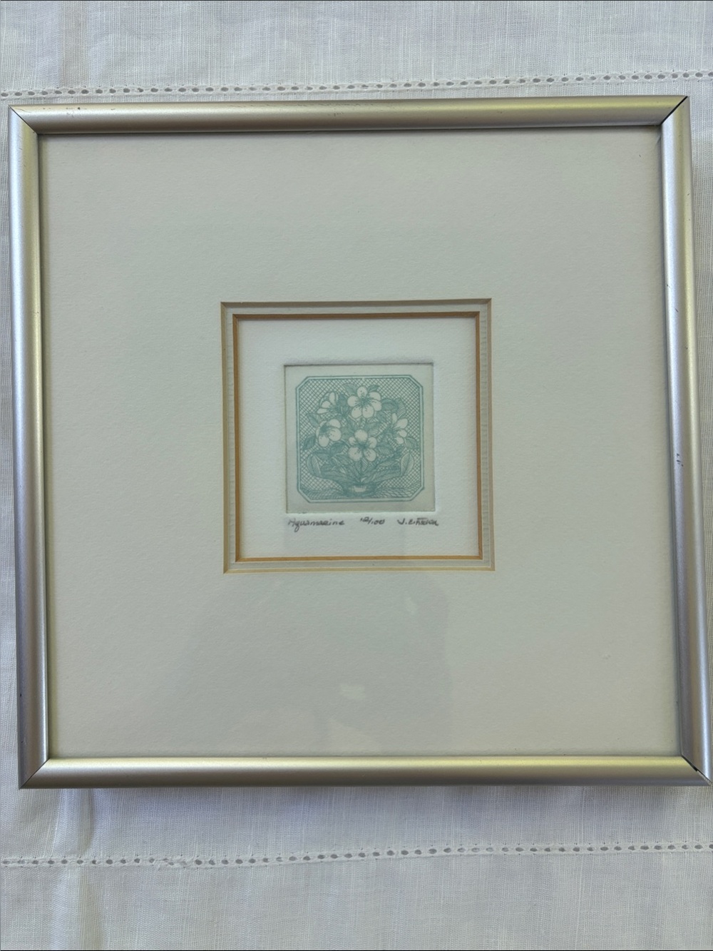 Vintage Art Aquamarine Floral Sketch in Double Mat Nielsen Metal  Frame 12/100